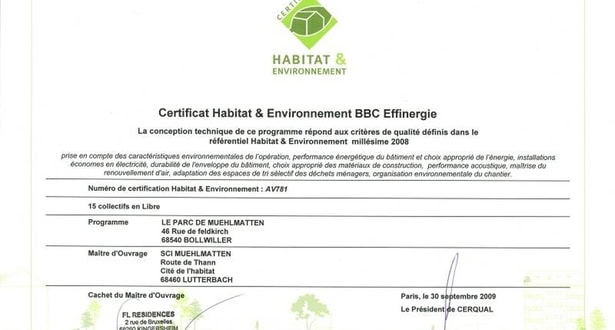 FL Résidences premier certifié français "Habitat & Environnement" BBC Effinergie" en collectif privé