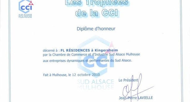 Les Trophées de la CCI Sud Alsace - Diplôme d'Honneur pour FL Résidences