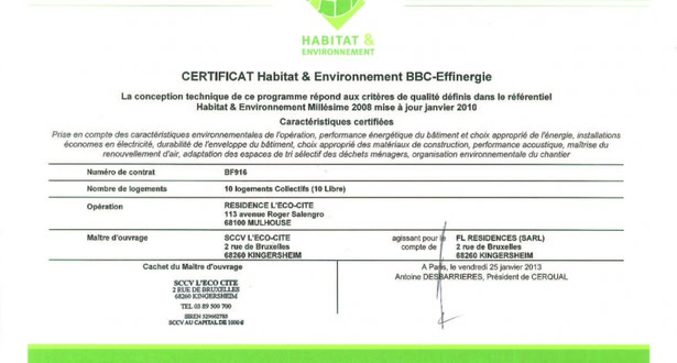 Certification Habitat et Environnement BBC Effinergie de l'Eco-Cité à Mulhouse