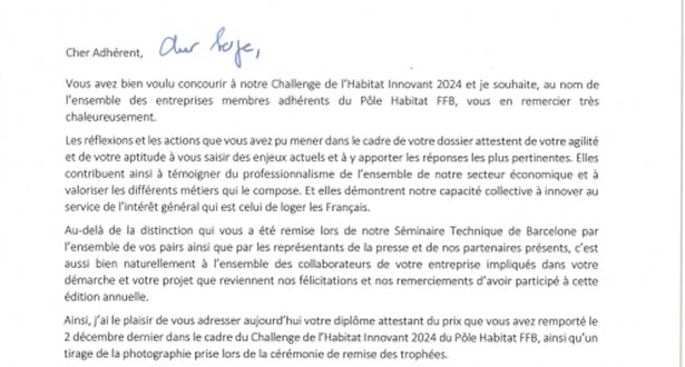 Félicitations du président MONOD pour notre distinction au séminaire technique 2023